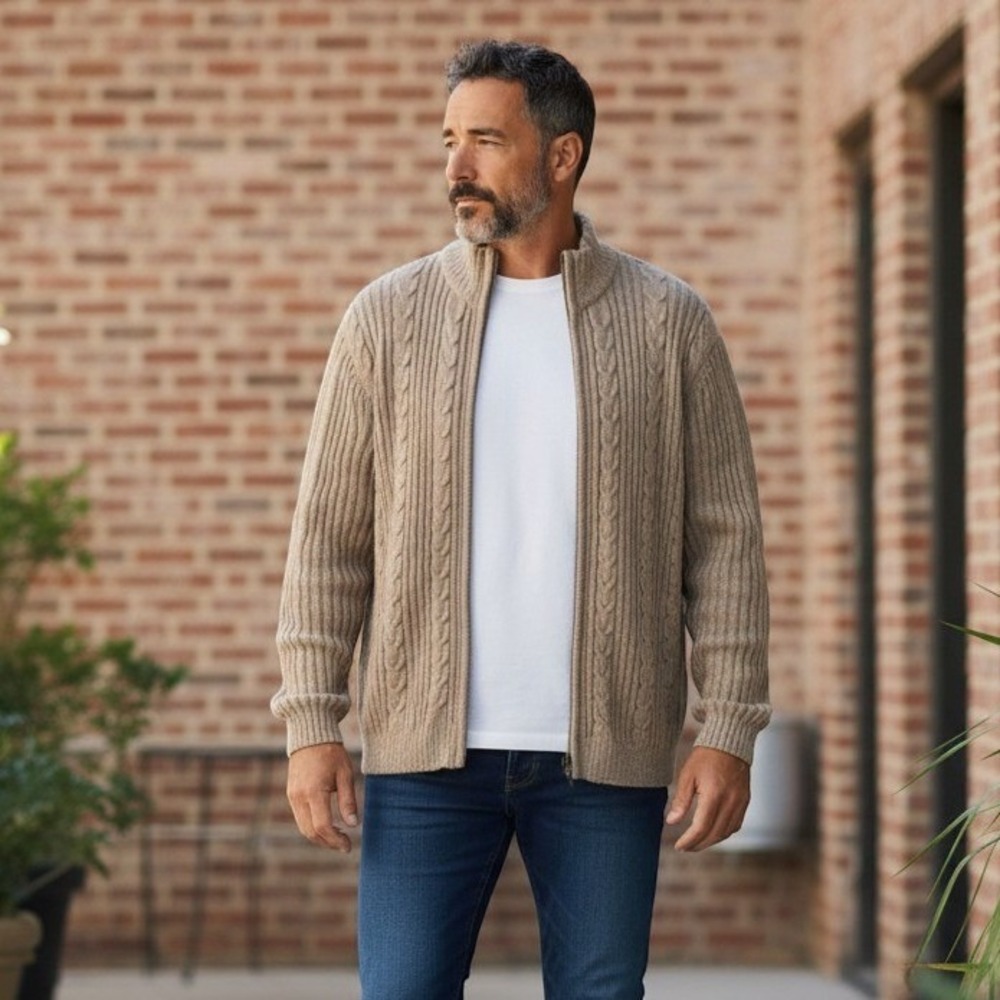 Tasso Elba Mens Lambswool Cable Knit Full Zip Cardigan Sweater Fishermans Large